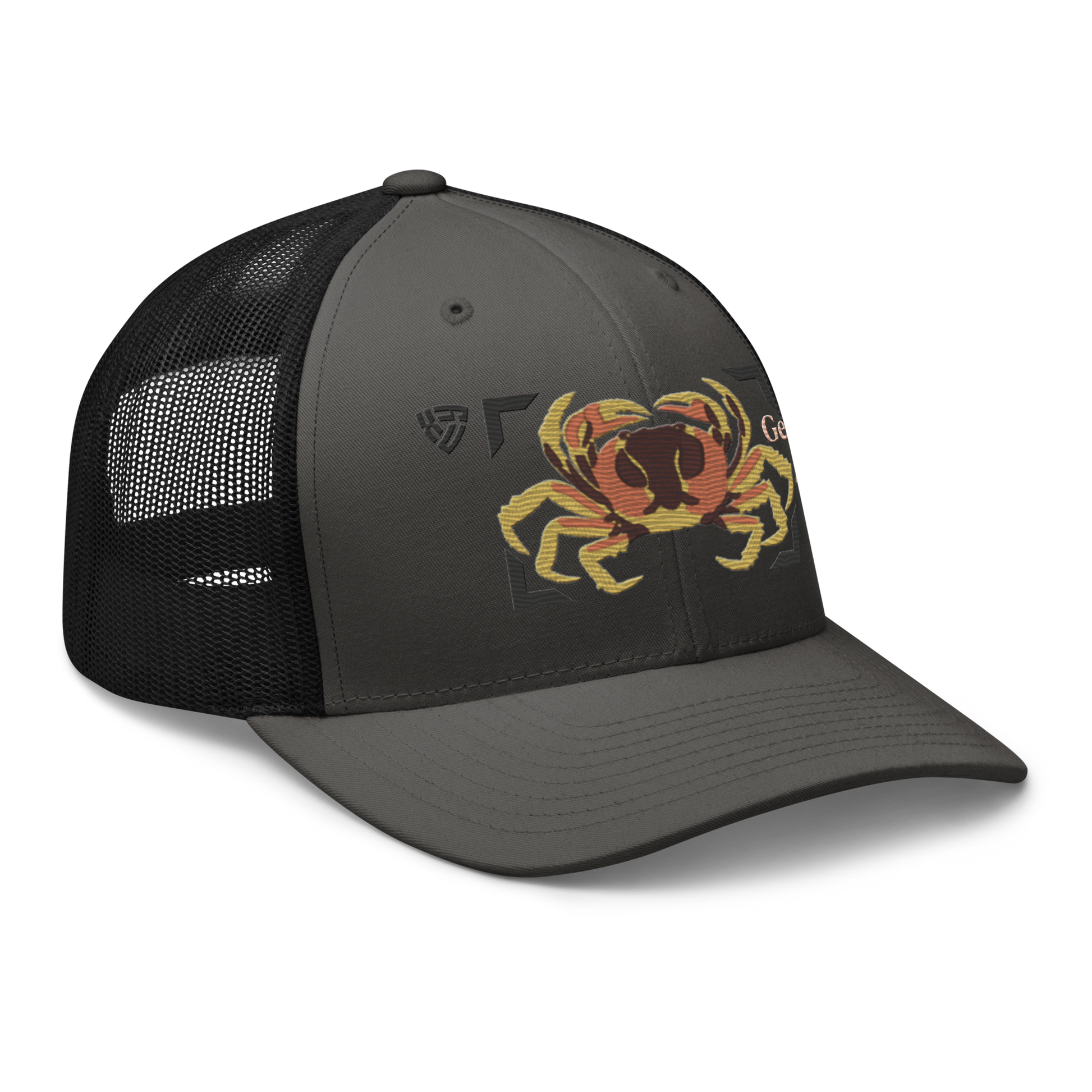 Blackback Land Crab "Gecarcinus lateralis" Embroidered Charcoal Grey & Black Trucker Hat Right Front Mockup