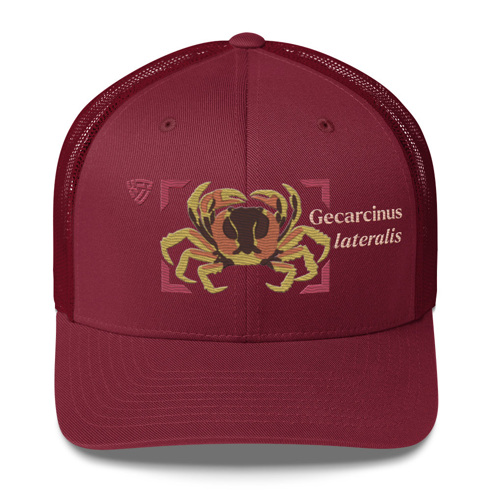 Blackback Land Crab "Gecarcinus lateralis" Embroidered Cranberry Red Trucker Hat Front Mockup