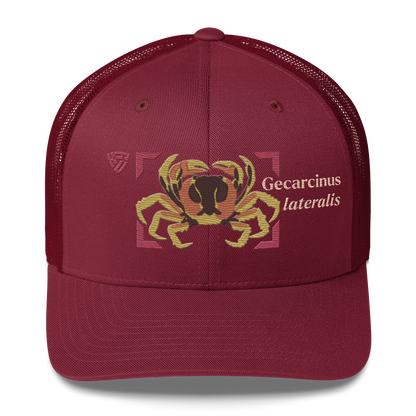Blackback Land Crab "Gecarcinus lateralis" Embroidered Cranberry Red Trucker Hat Front Mockup