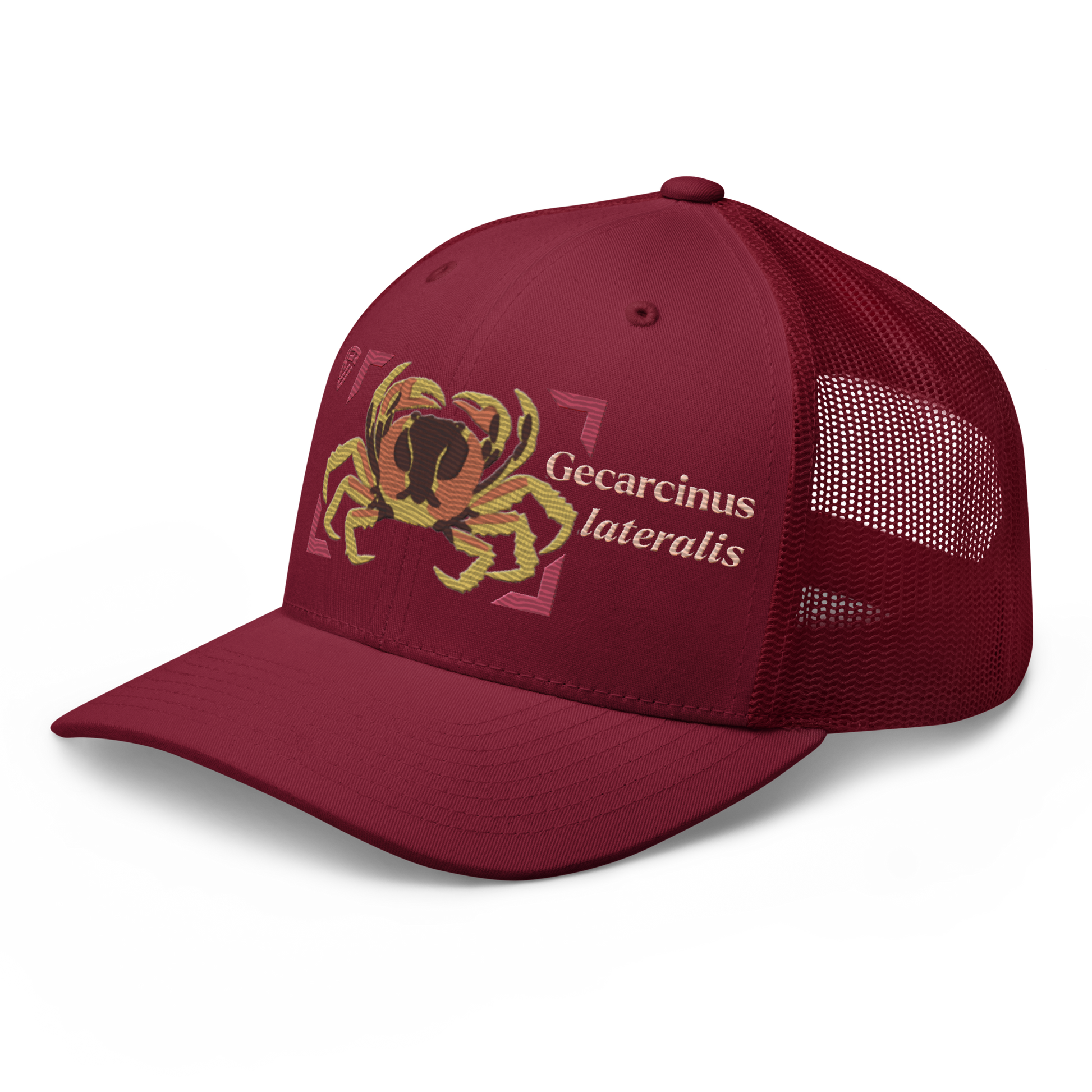 Blackback Land Crab "Gecarcinus lateralis" Embroidered Cranberry Red Trucker Hat Left Front Mockup