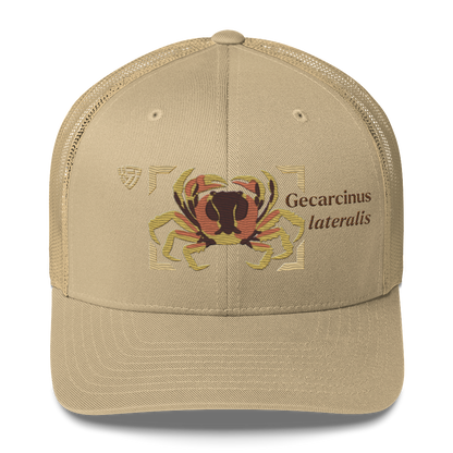 Blackback Land Crab "Gecarcinus lateralis" Embroidered Khaki Trucker Hat Front Mockup