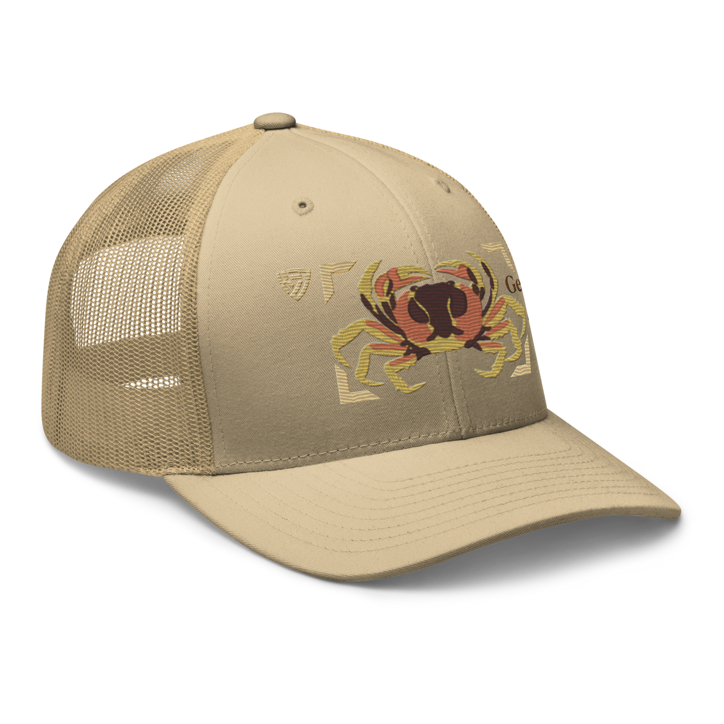 Blackback Land Crab "Gecarcinus lateralis" Embroidered Khaki Trucker Hat Right Front Mockup