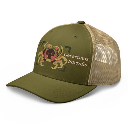 Blackback Land Crab "Gecarcinus lateralis" Embroidered Moss Green & Khaki Trucker Hat Left Front Mockup