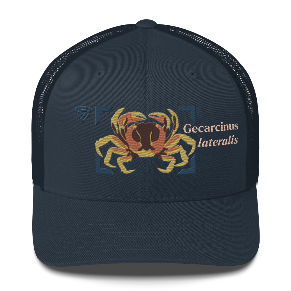 Blackback Land Crab "Gecarcinus lateralis" Embroidered Navy Blue Trucker Hat Front Mockup