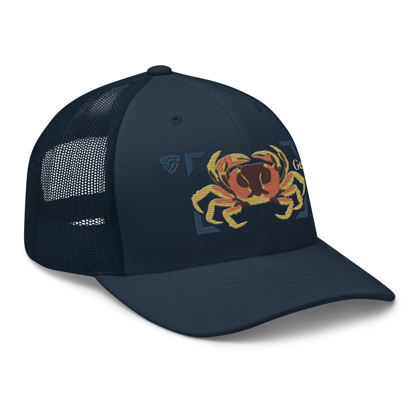 Blackback Land Crab "Gecarcinus lateralis" Embroidered Navy Blue Trucker Hat Right Front Mockup