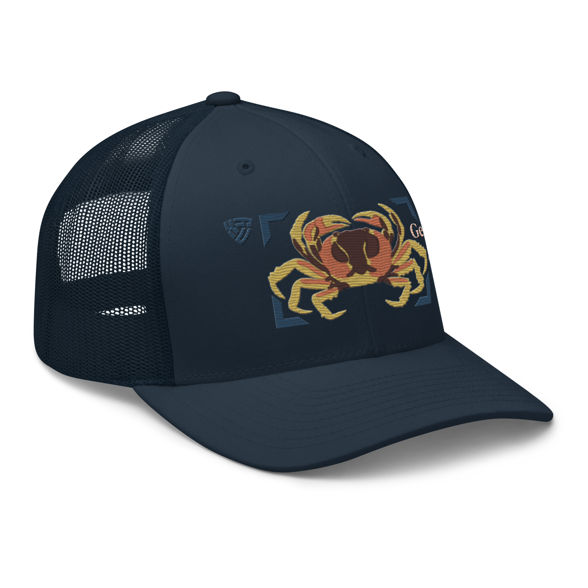 Blackback Land Crab "Gecarcinus lateralis" Embroidered Navy Blue Trucker Hat Right Front Mockup