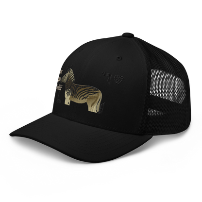 Bontequagga "Equua quagga burchellii" Embroidered Black Trucker Hat Left Front Mockup