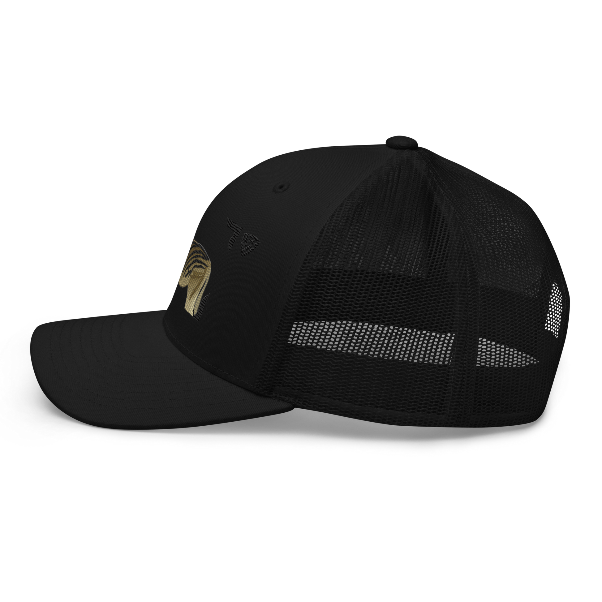 Bontequagga "Equua quagga burchellii" Embroidered Black Trucker Hat Left Mockup