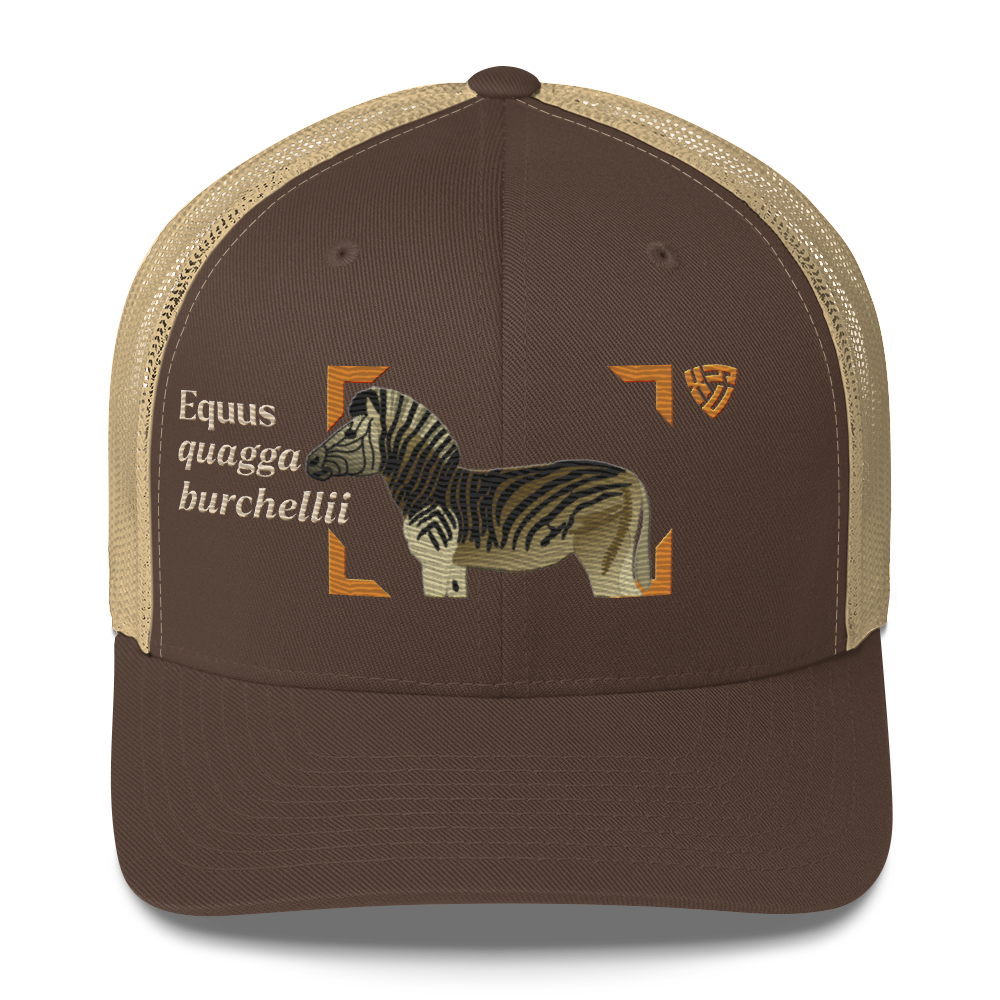 Bontequagga "Equua quagga burchellii" Embroidered Brown & Khaki Trucker Hat Front Mockup