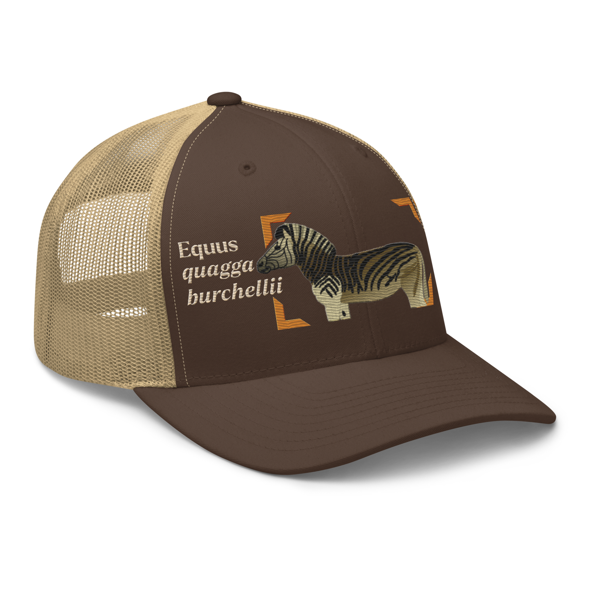 Bontequagga "Equua quagga burchellii" Embroidered Brown & Khaki Trucker Hat Right Front Mockup