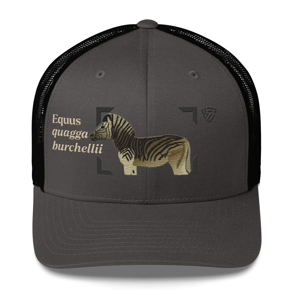 Bontequagga "Equua quagga burchellii" Embroidered Charcoal Grey & Black Trucker Hat Front Mockup
