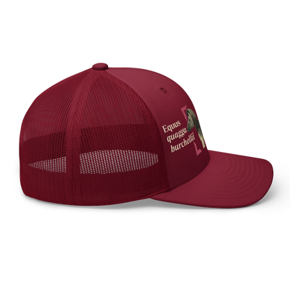 Bontequagga "Equua quagga burchellii" Embroidered Cranberry Red Trucker Hat Right Mockup