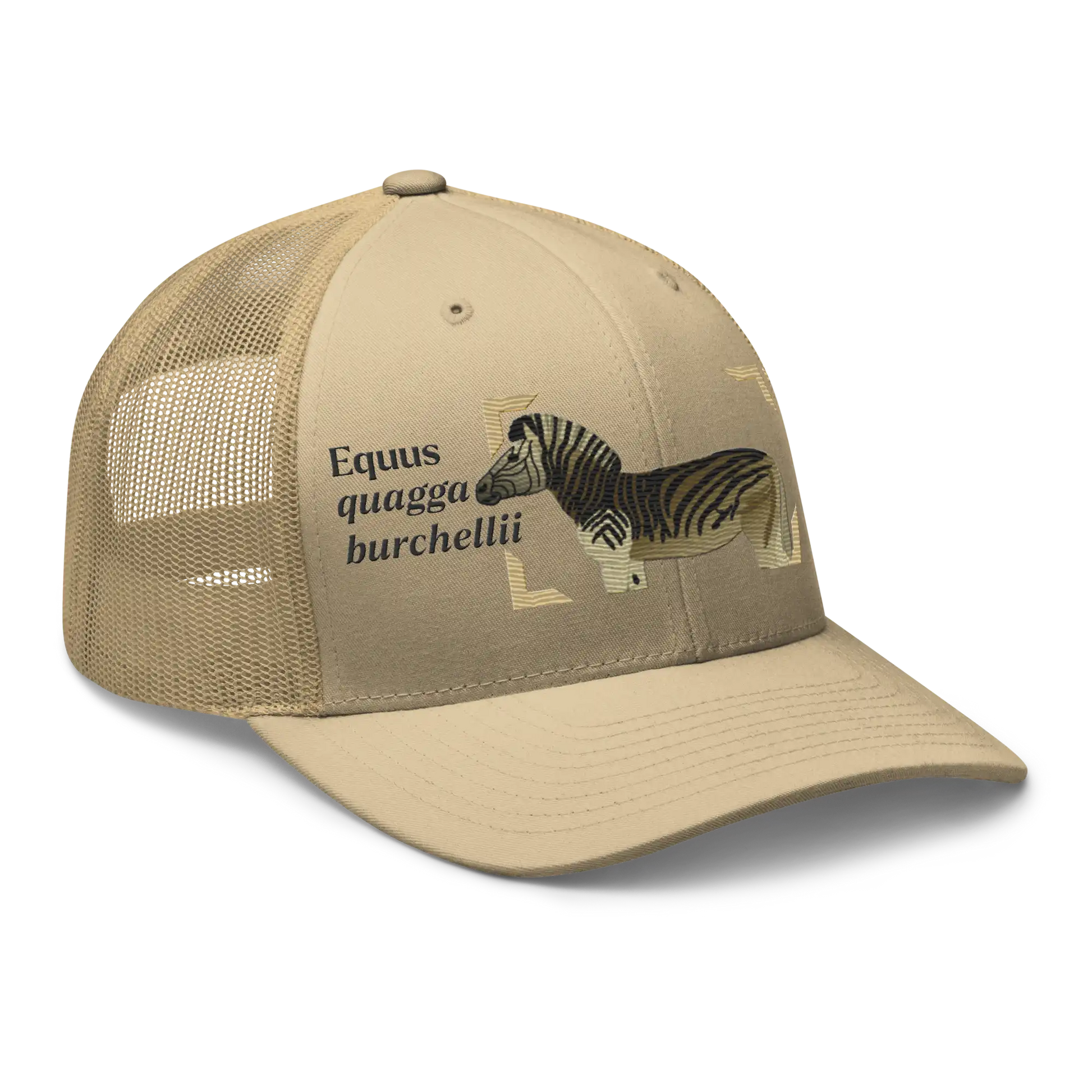 Bontequagga "Equua quagga burchellii" Embroidered Khaki Trucker Hat Right Front Mockup