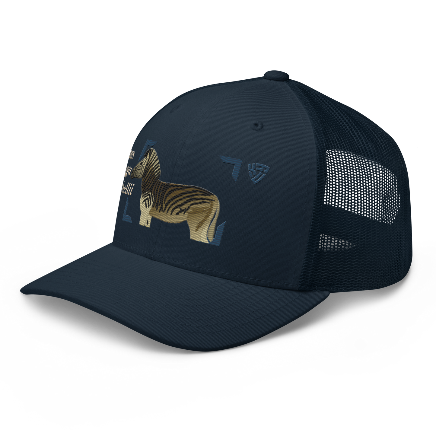 Bontequagga "Equua quagga burchellii" Embroidered Navy Blue Trucker Hat Left Front Mockup