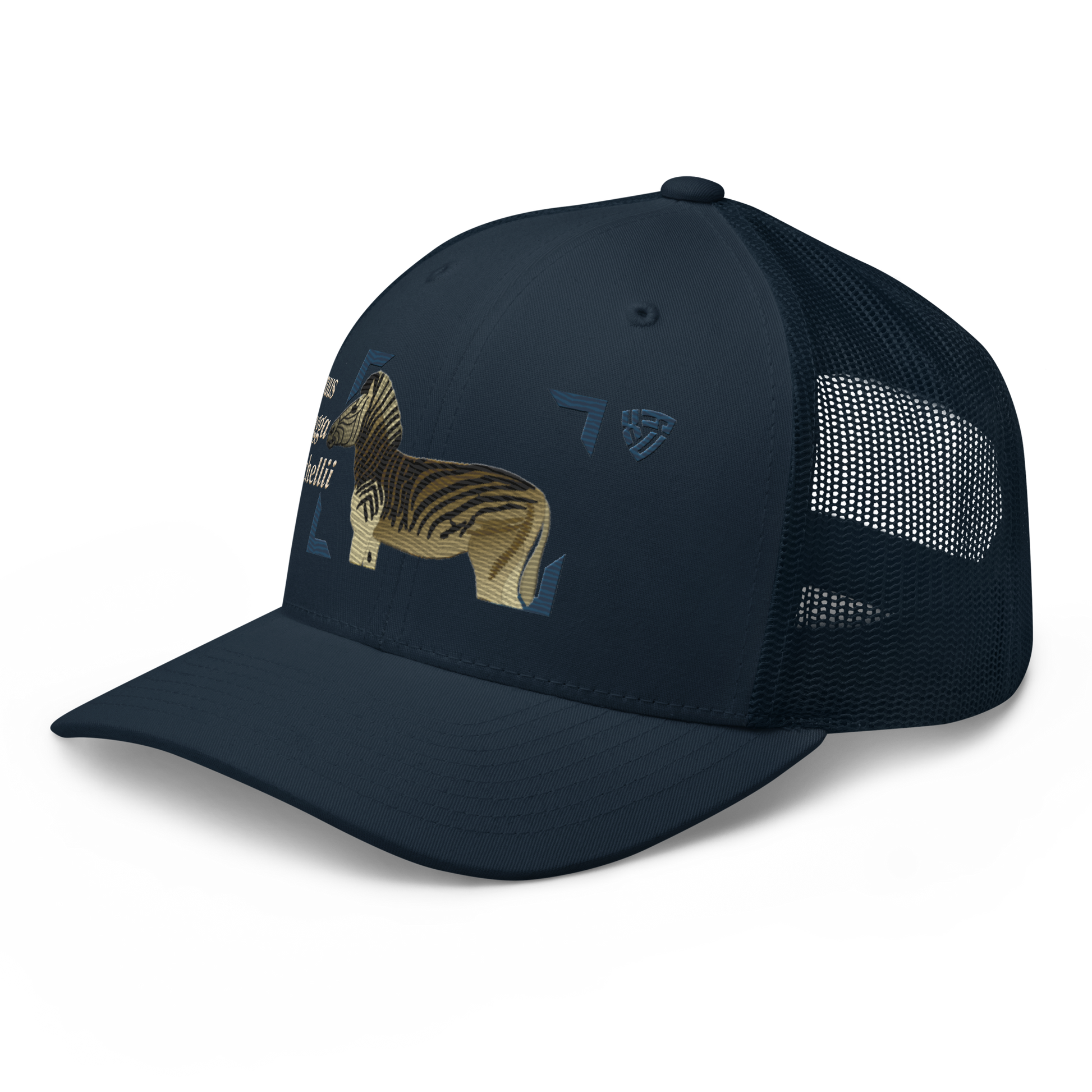 Bontequagga "Equua quagga burchellii" Embroidered Navy Blue Trucker Hat Left Front Mockup