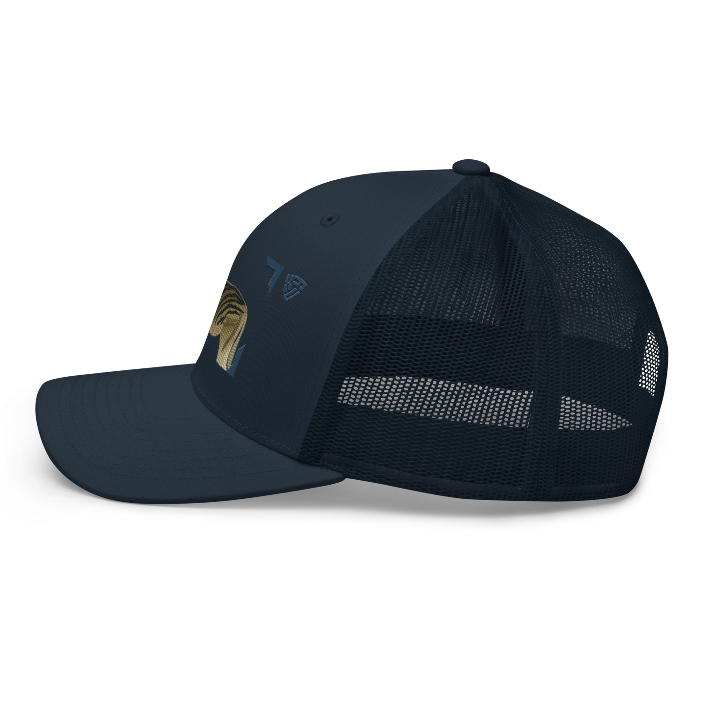 Bontequagga "Equua quagga burchellii" Embroidered Navy Blue Trucker Hat Left Mockup