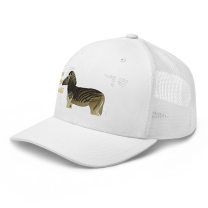 Bontequagga "Equua quagga burchellii" Embroidered White Trucker Hat Left Front Mockup