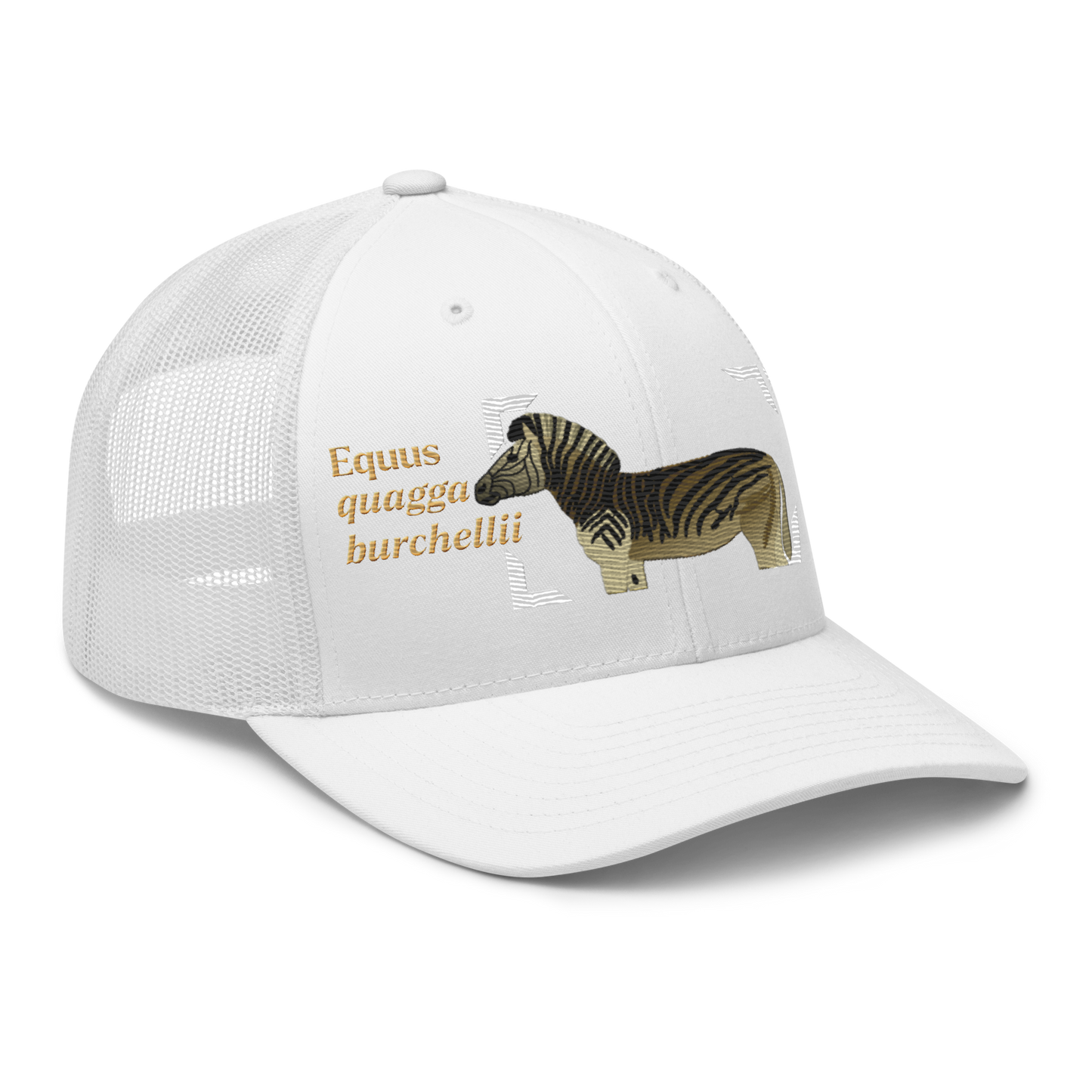Bontequagga "Equua quagga burchellii" Embroidered White Trucker Hat Right Front Mockup
