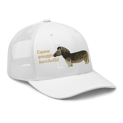 Bontequagga "Equua quagga burchellii" Embroidered White Trucker Hat Right Front Mockup