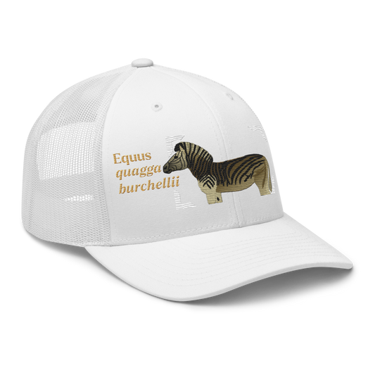 Bontequagga "Equua quagga burchellii" Embroidered White Trucker Hat Right Front Mockup