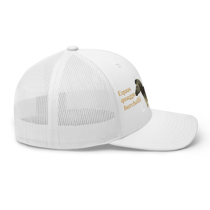 Bontequagga "Equua quagga burchellii" Embroidered White Trucker Hat Right Mockup