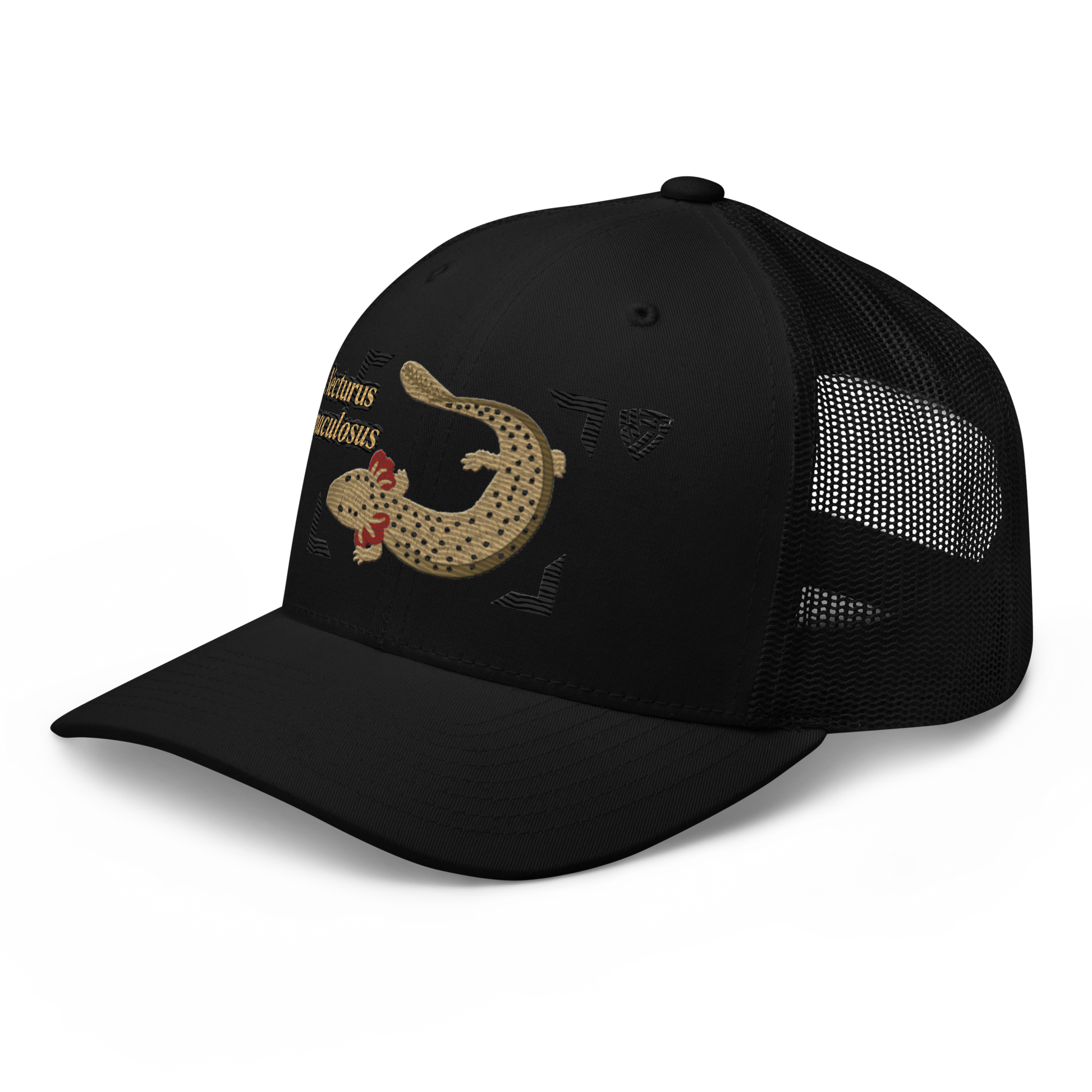 Common Mudpuppy "Necturus maculosus" Embroidered Black Trucker Hat Left Front Mockup