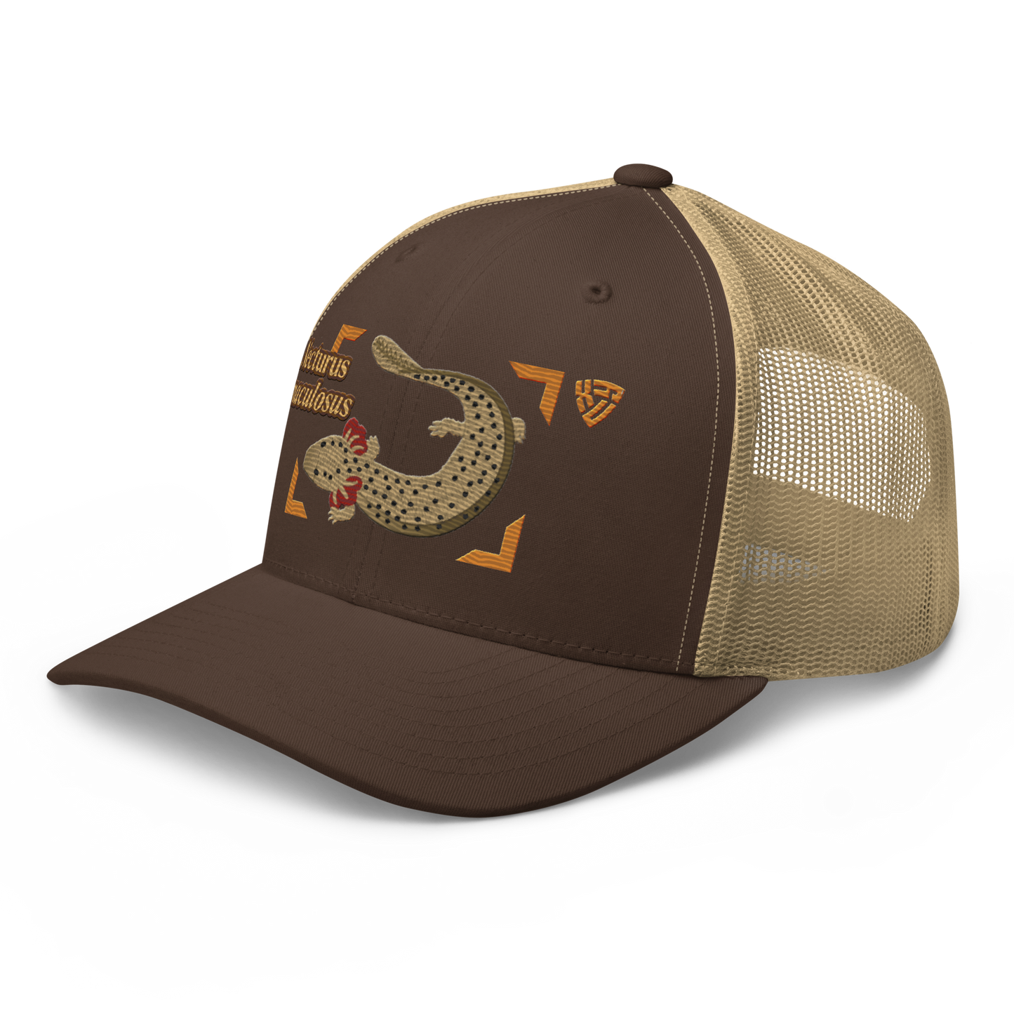 Common Mudpuppy "Necturus maculosus" Embroidered Brown & Khaki Trucker Hat Left Front Mockup