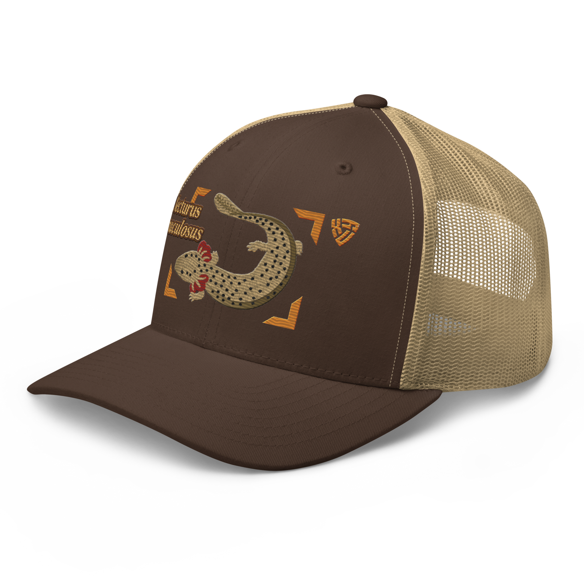 Common Mudpuppy "Necturus maculosus" Embroidered Brown & Khaki Trucker Hat Left Front Mockup