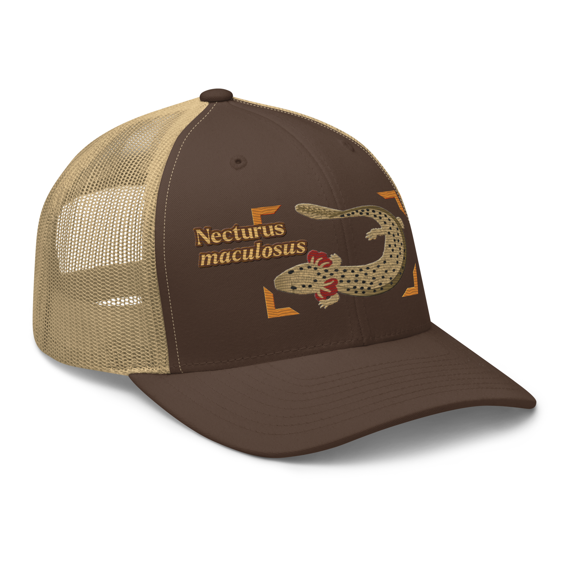 Common Mudpuppy "Necturus maculosus" Embroidered Brown & Khaki Trucker Hat Right Front Mockup