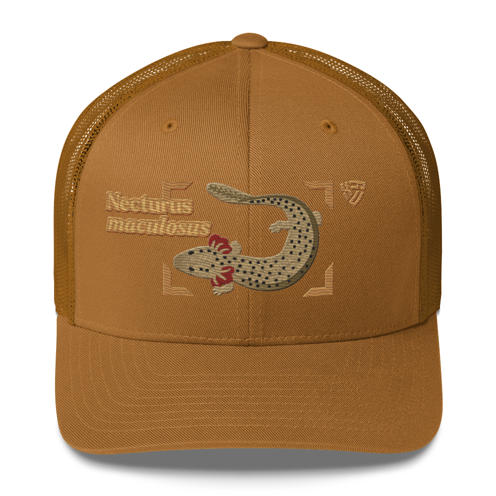 Common Mudpuppy "Necturus maculosus" Embroidered Caramel Trucker Hat Front Mockup