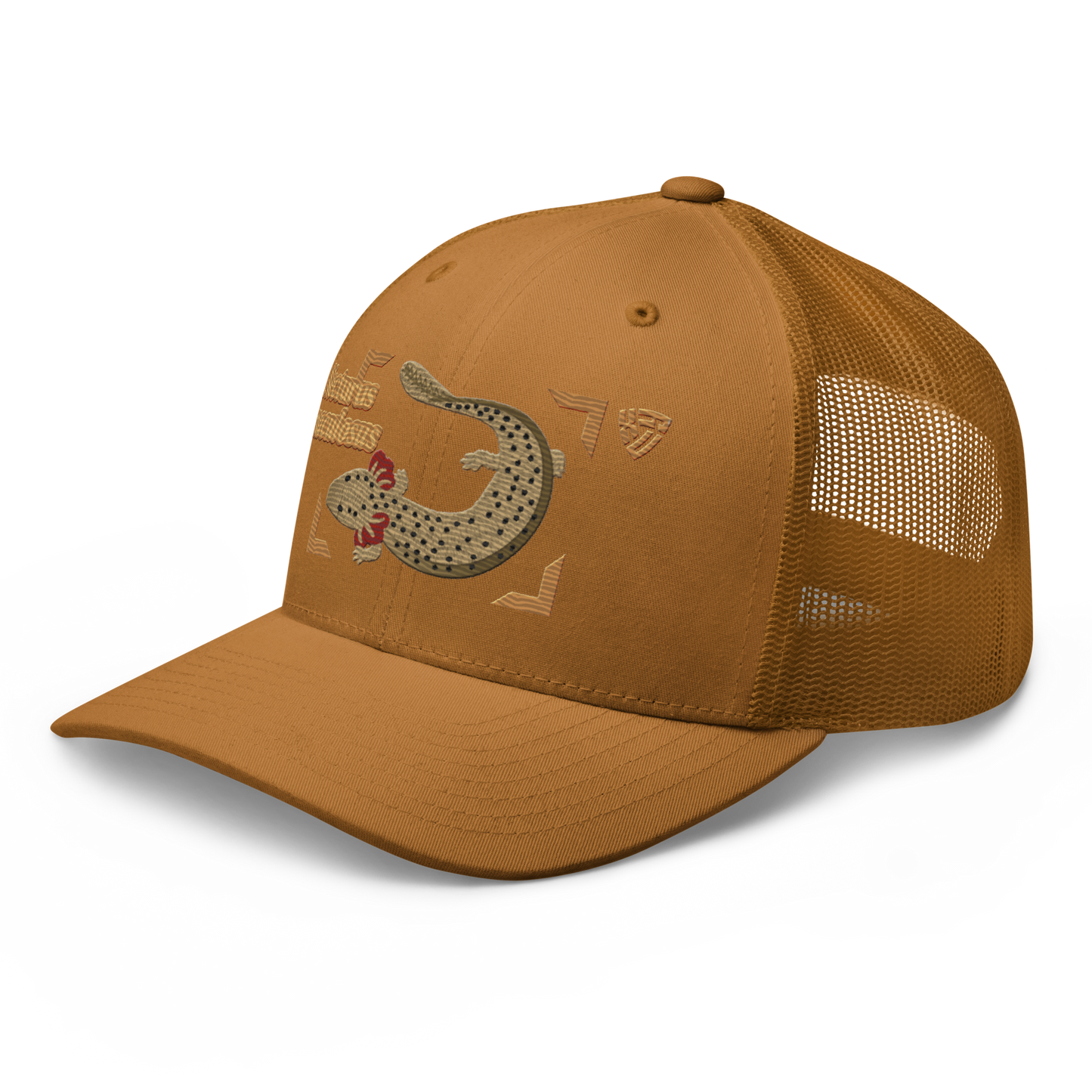 Common Mudpuppy "Necturus maculosus" Embroidered Caramel Trucker Hat Left Front Mockup