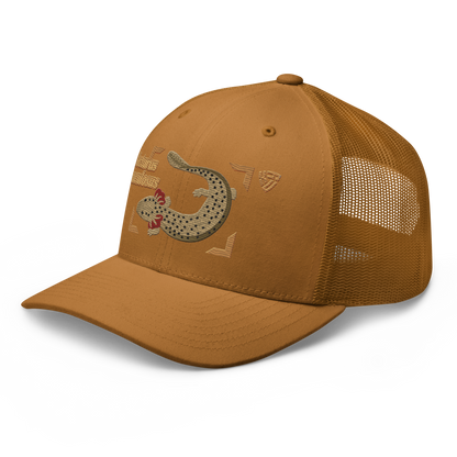 Common Mudpuppy "Necturus maculosus" Embroidered Caramel Trucker Hat Left Front Mockup