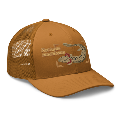 Common Mudpuppy "Necturus maculosus" Embroidered Caramel Trucker Hat Right Front Mockup