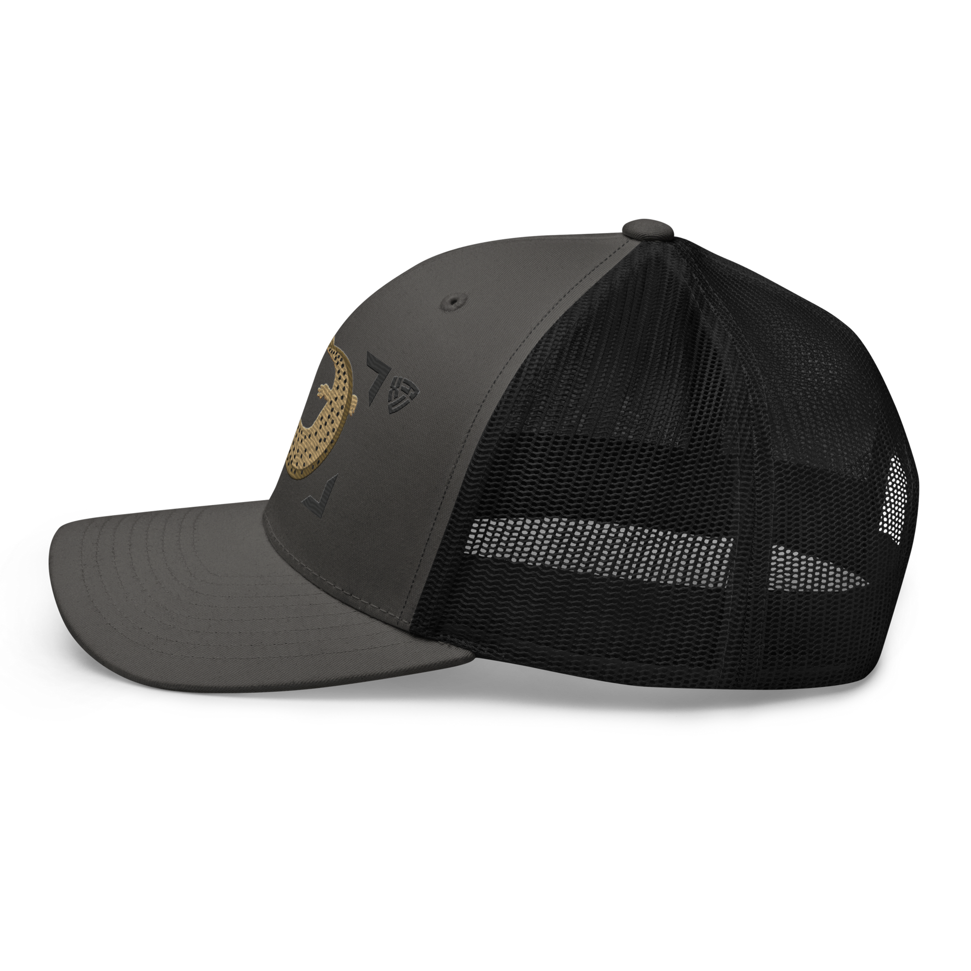 Common Mudpuppy "Necturus maculosus" Embroidered Charcoal Grey & Black Trucker Hat Left Mockup