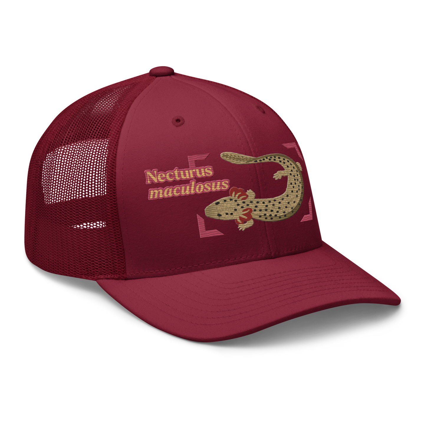 Common Mudpuppy "Necturus maculosus" Embroidered Cranberry Red Trucker Hat Right Front Mockup
