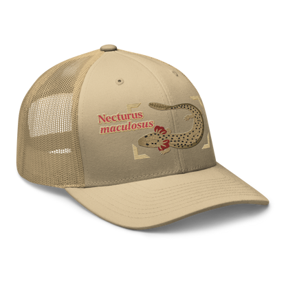 Common Mudpuppy "Necturus maculosus" Embroidered Khaki Trucker Hat Right Front Mockup