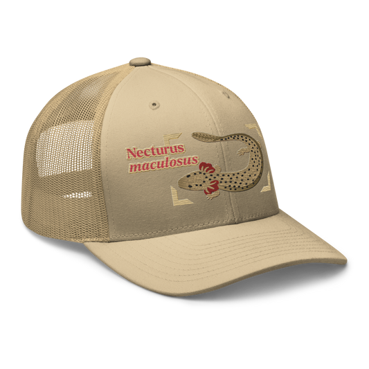 Common Mudpuppy "Necturus maculosus" Embroidered Khaki Trucker Hat Right Front Mockup