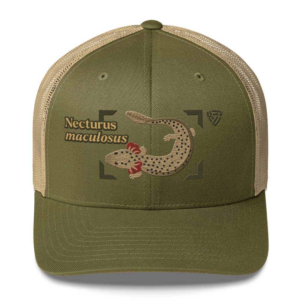 Common Mudpuppy "Necturus maculosus" Embroidered Moss Green & Khaki Trucker Hat Front Mockup