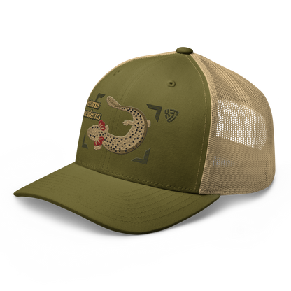 Common Mudpuppy "Necturus maculosus" Embroidered Moss Green & Khaki Trucker Hat Left Front Mockup