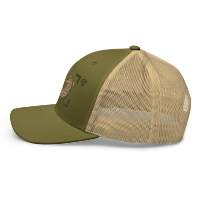 Common Mudpuppy "Necturus maculosus" Embroidered Moss Green & Khaki Trucker Hat Left Mockup