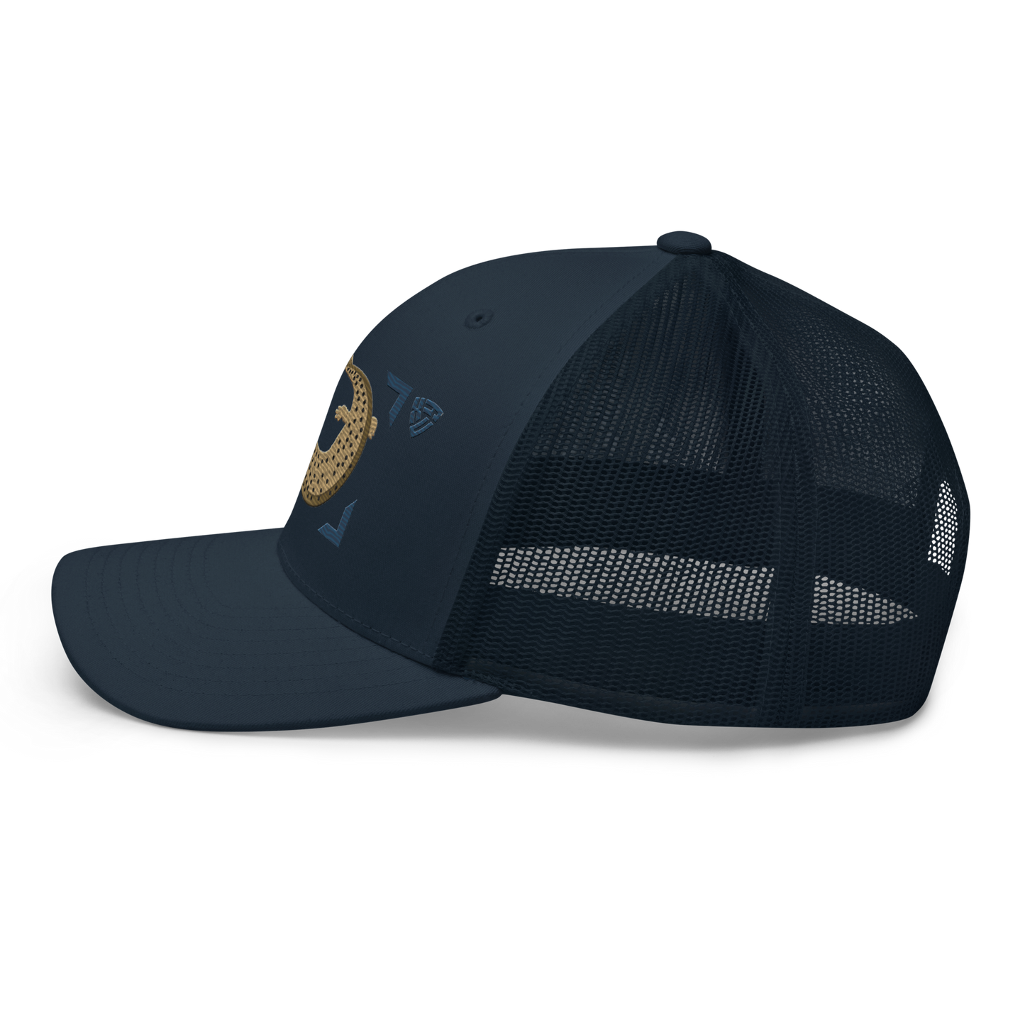 Common Mudpuppy "Necturus maculosus" Embroidered Navy Blue Trucker Hat Left Mockup