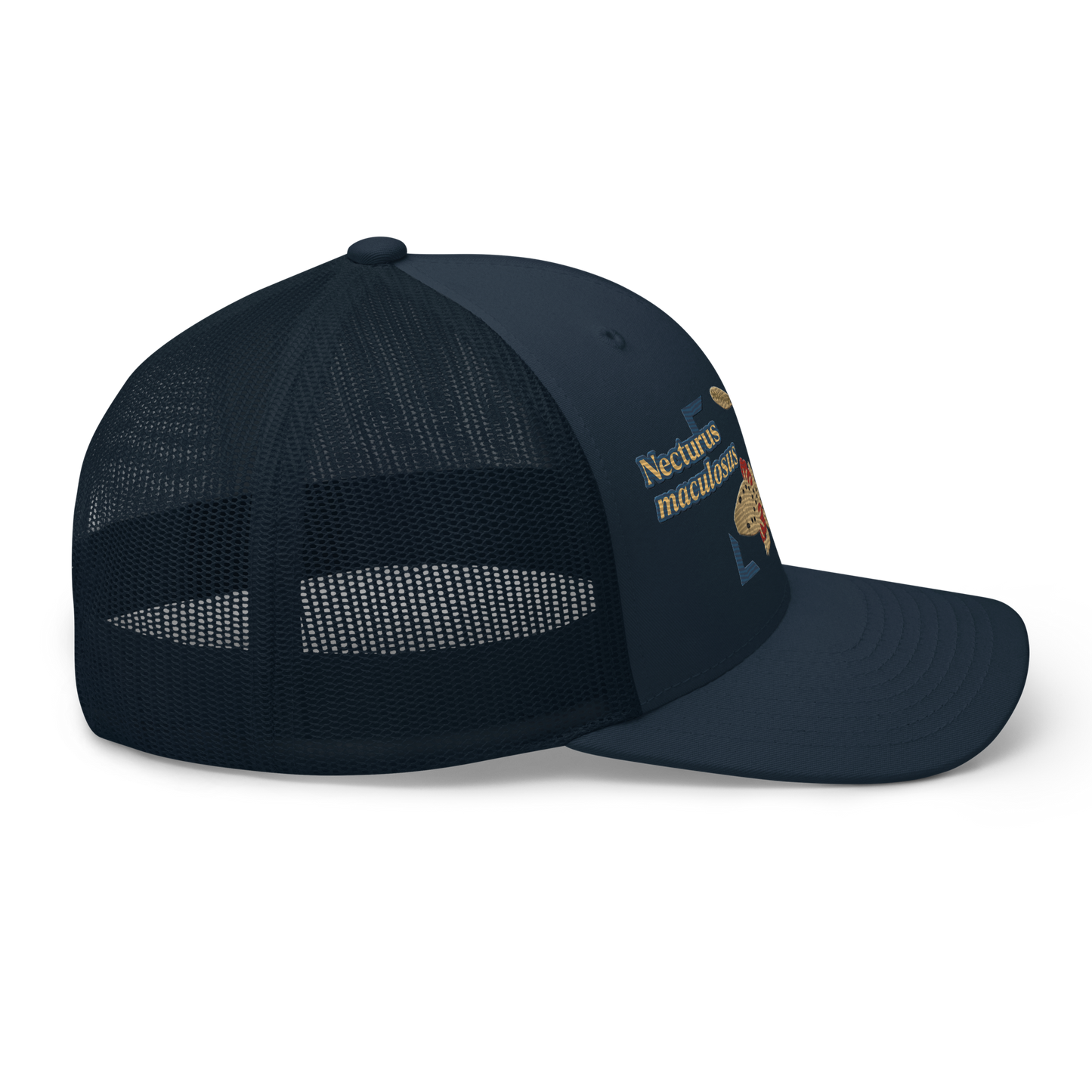 Common Mudpuppy "Necturus maculosus" Embroidered Navy Blue Trucker Hat Right Mockup