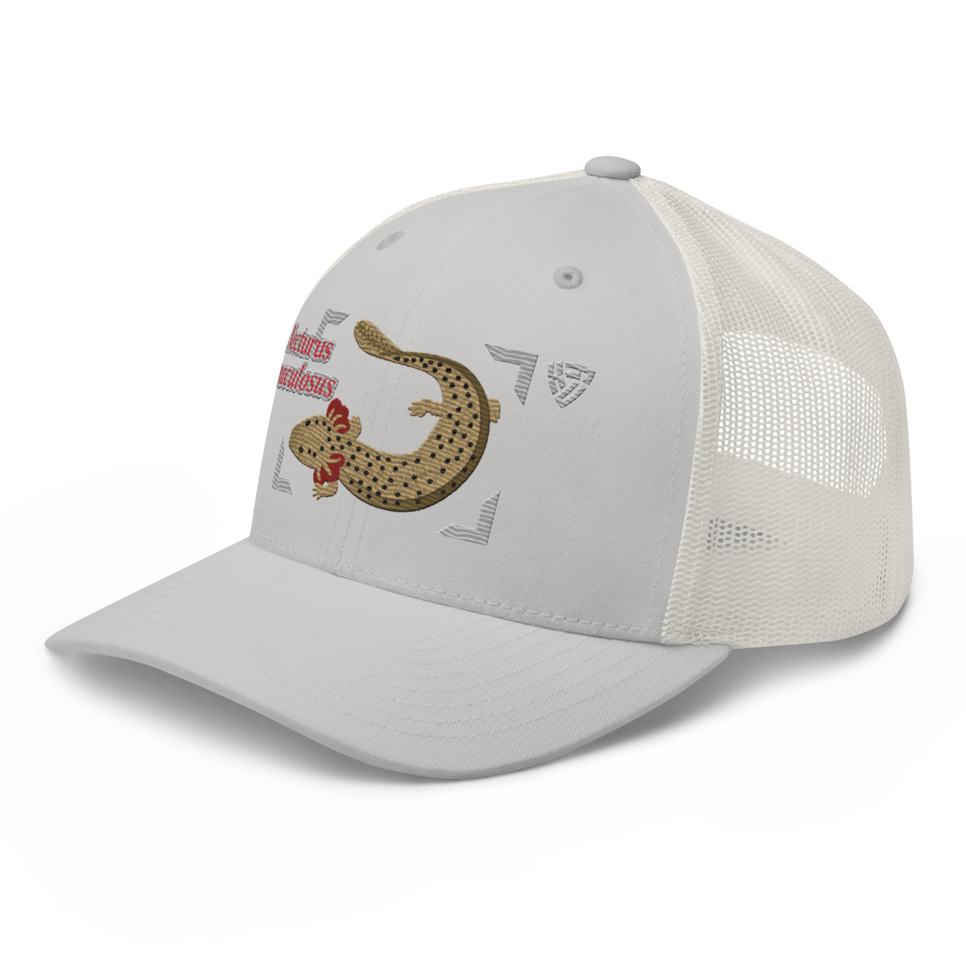 Common Mudpuppy "Necturus maculosus" Embroidered Silver Trucker Hat Left Front Mockup