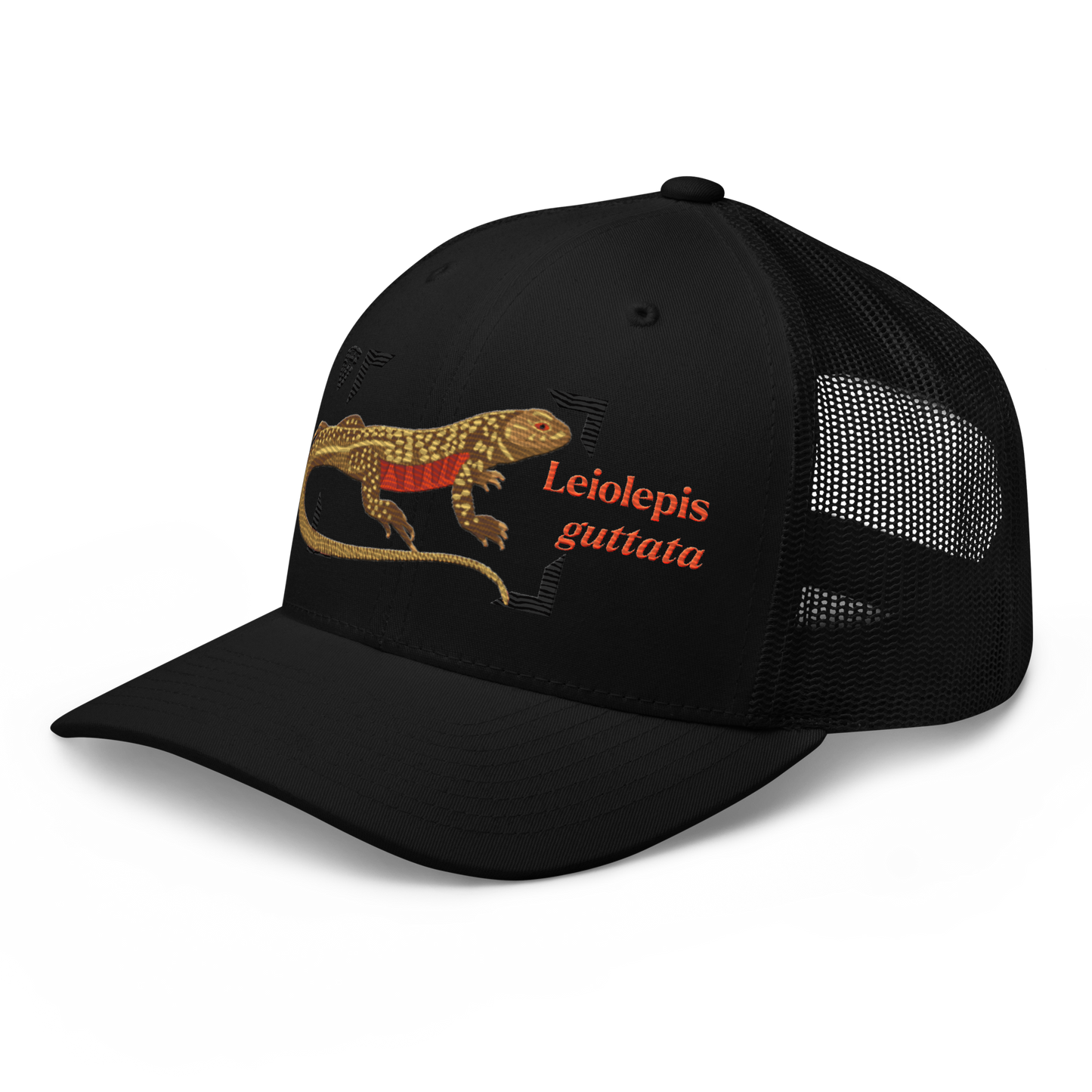 Giant Butterfly Lizard "Leiolepis guttata" Embroidered Black Trucker Hat Left Front Mockup