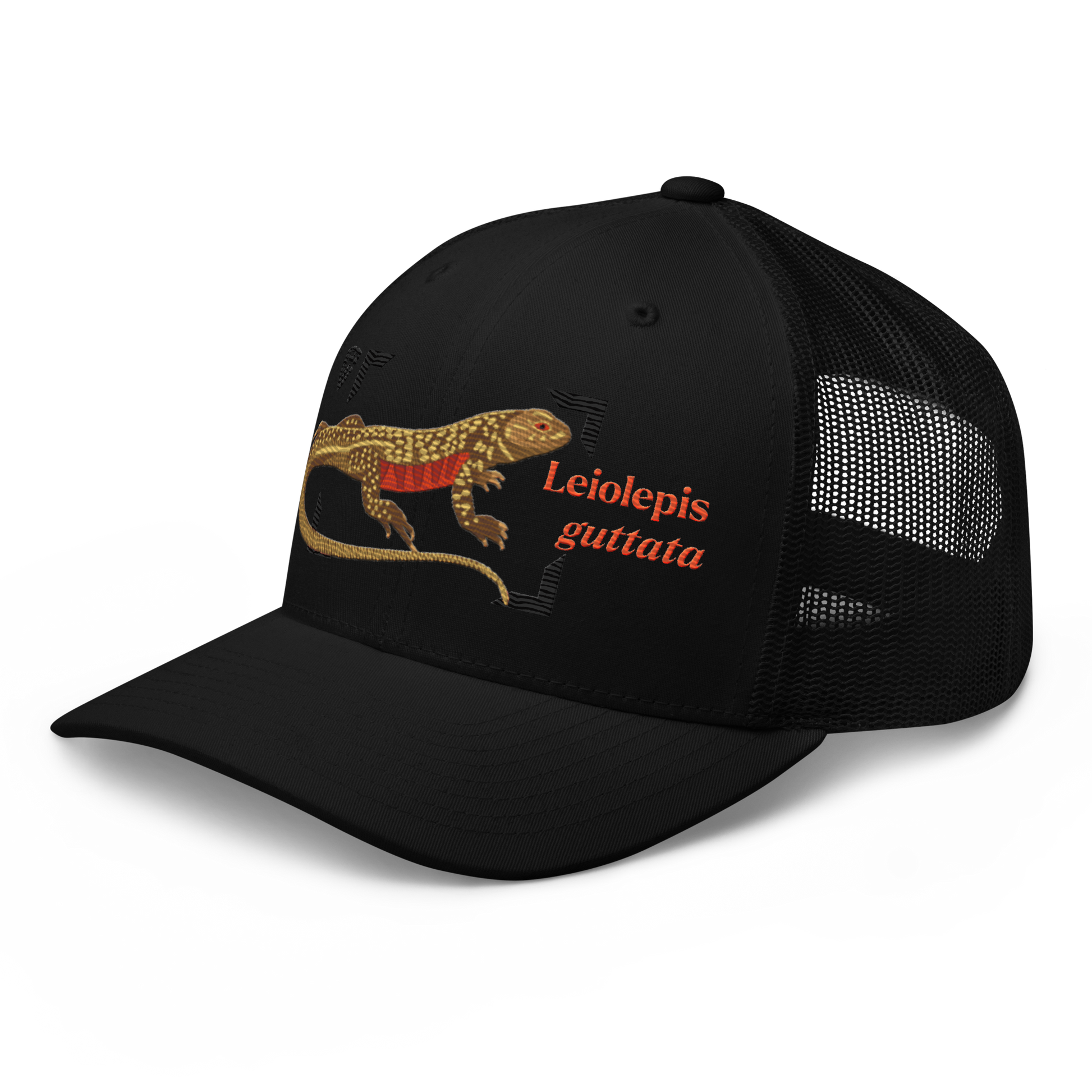 Giant Butterfly Lizard "Leiolepis guttata" Embroidered Black Trucker Hat Left Front Mockup