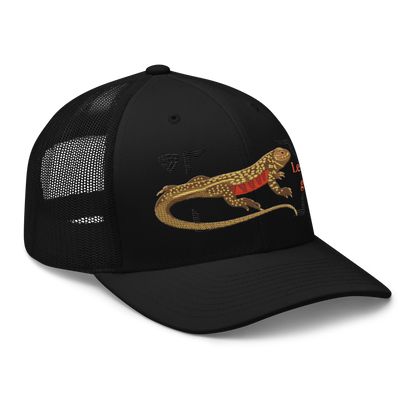 Giant Butterfly Lizard "Leiolepis guttata" Embroidered Black Trucker Hat Right Front Mockup