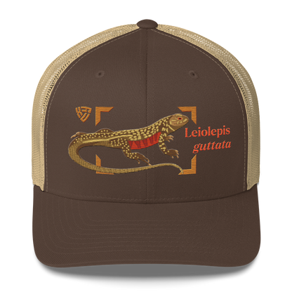 Giant Butterfly Lizard "Leiolepis guttata" Embroidered Brown & Khaki Trucker Hat Front Mockup