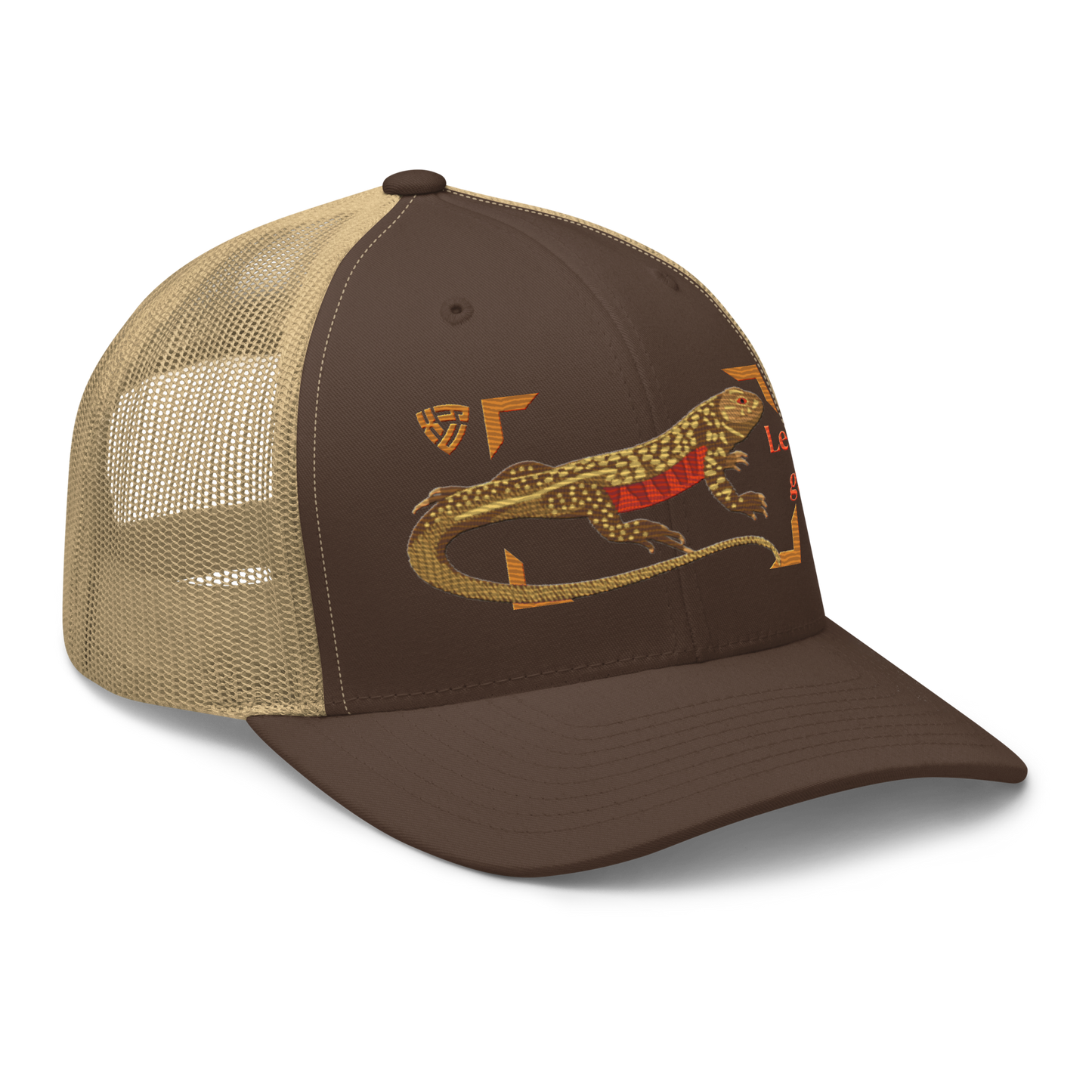 Giant Butterfly Lizard "Leiolepis guttata" Embroidered Brown & Khaki Trucker Hat Right Front Mockup