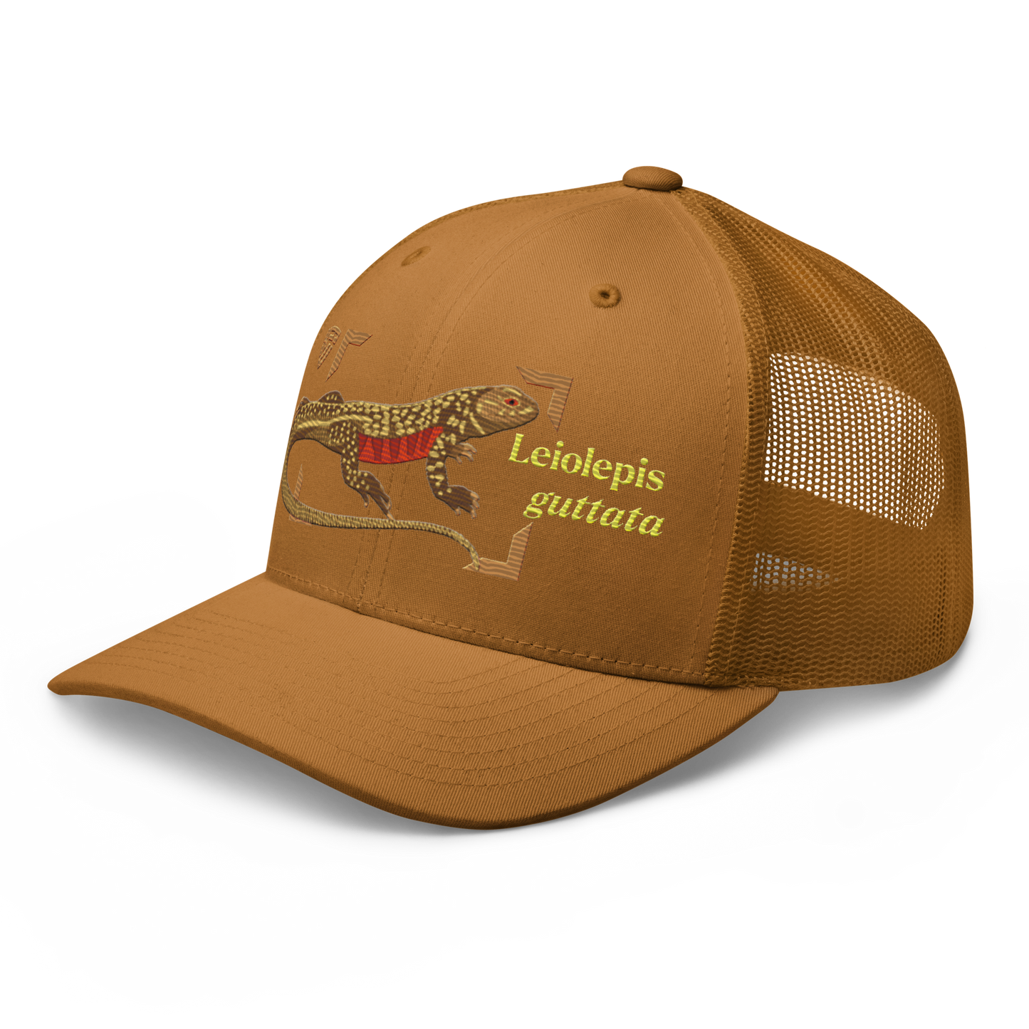 Giant Butterfly Lizard "Leiolepis guttata" Embroidered Caramel Trucker Hat Left Front Mockup