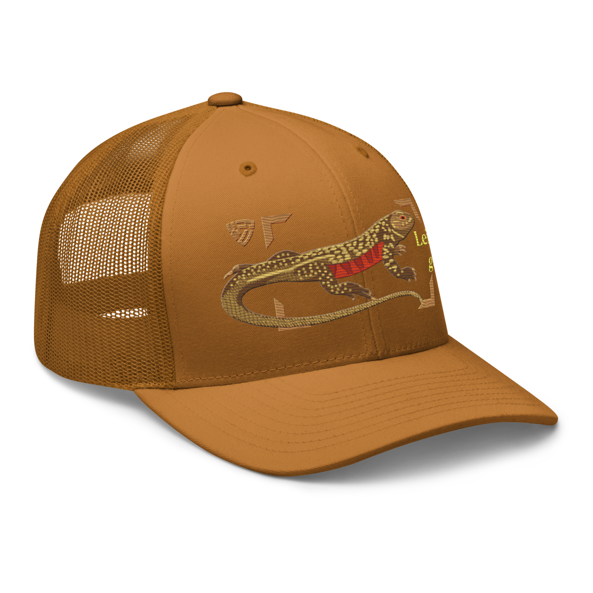 Giant Butterfly Lizard "Leiolepis guttata" Embroidered Caramel Trucker Hat Right Front Mockup